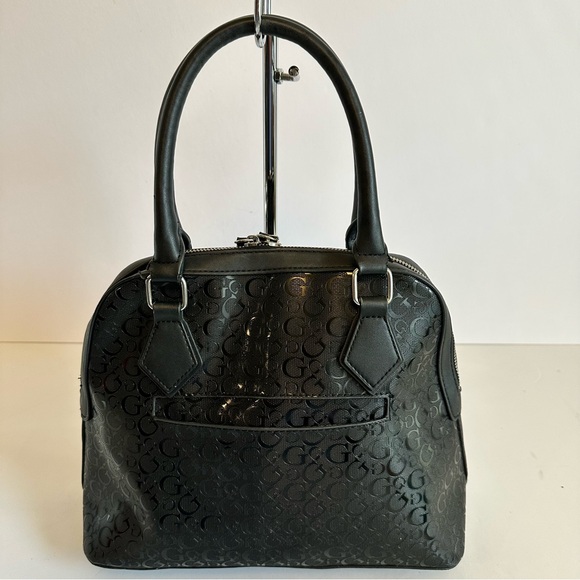 GUESS Black Monogram Dome Satchel Handbag with Charm GG Logo Bag - Picture 2 of 9